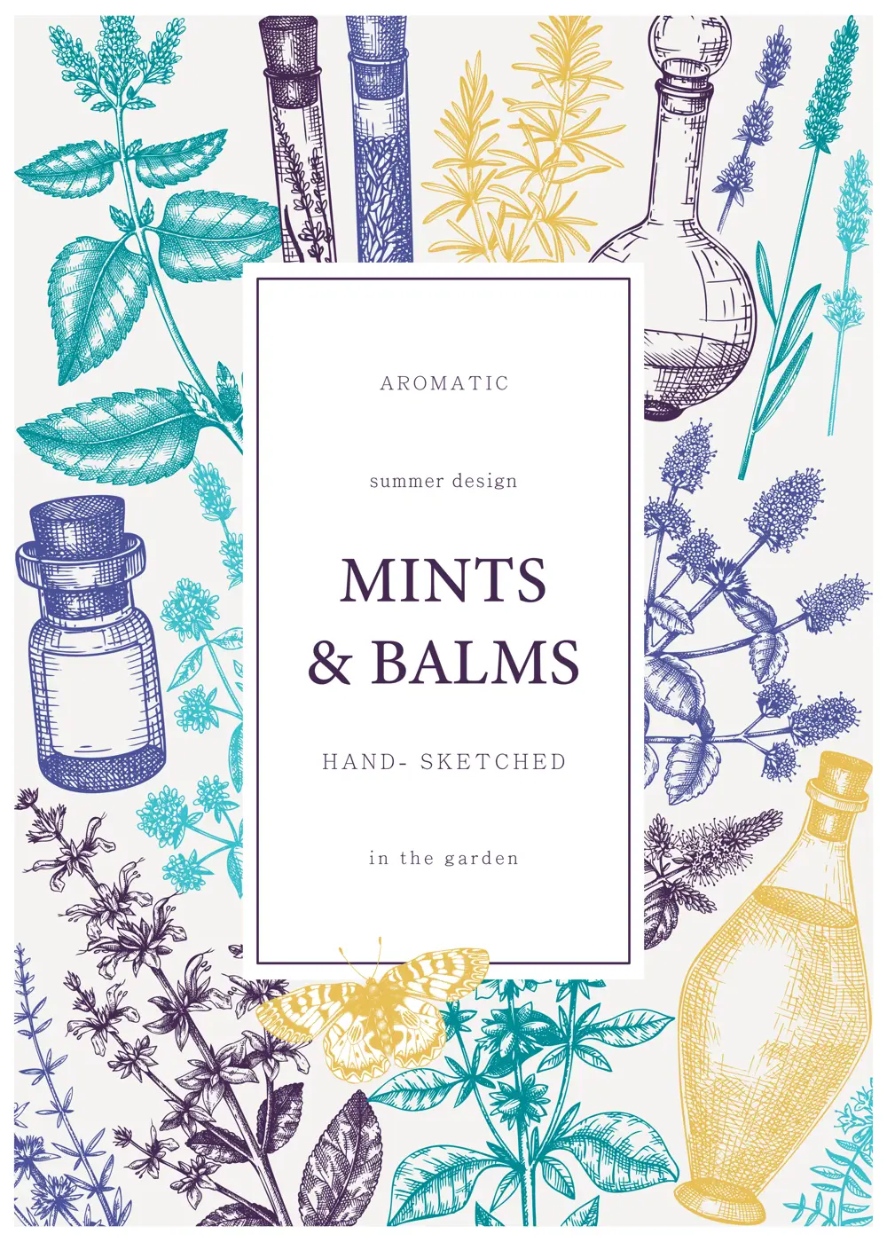 Hand-drawn perfumery and cosmetics ingredients banner. Decorative background with vintage mints and balms herbs for perfumery. Organic cosmetics design template. Aromatic plants flyer Illustration